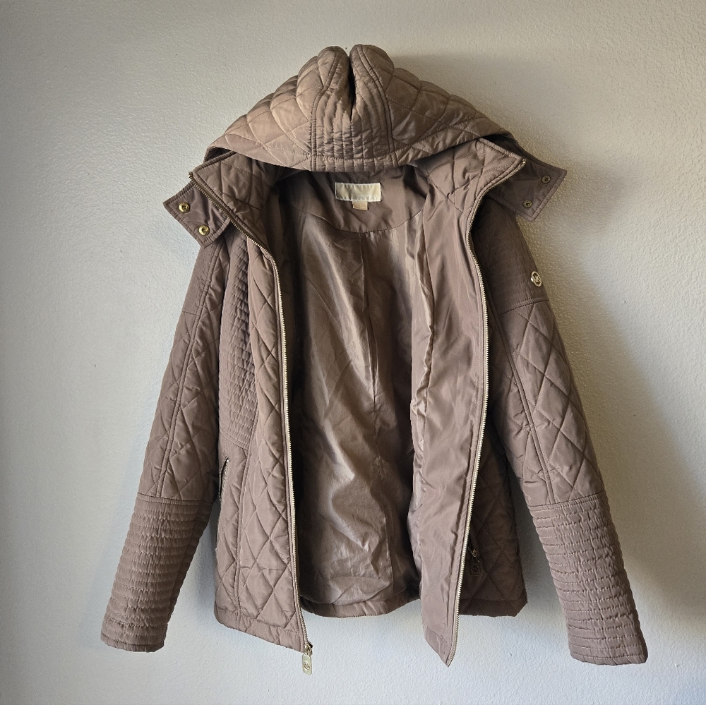 Michael Kors Quilted Pinkish Brown Hooded Jacket, Removable Hood, Size M